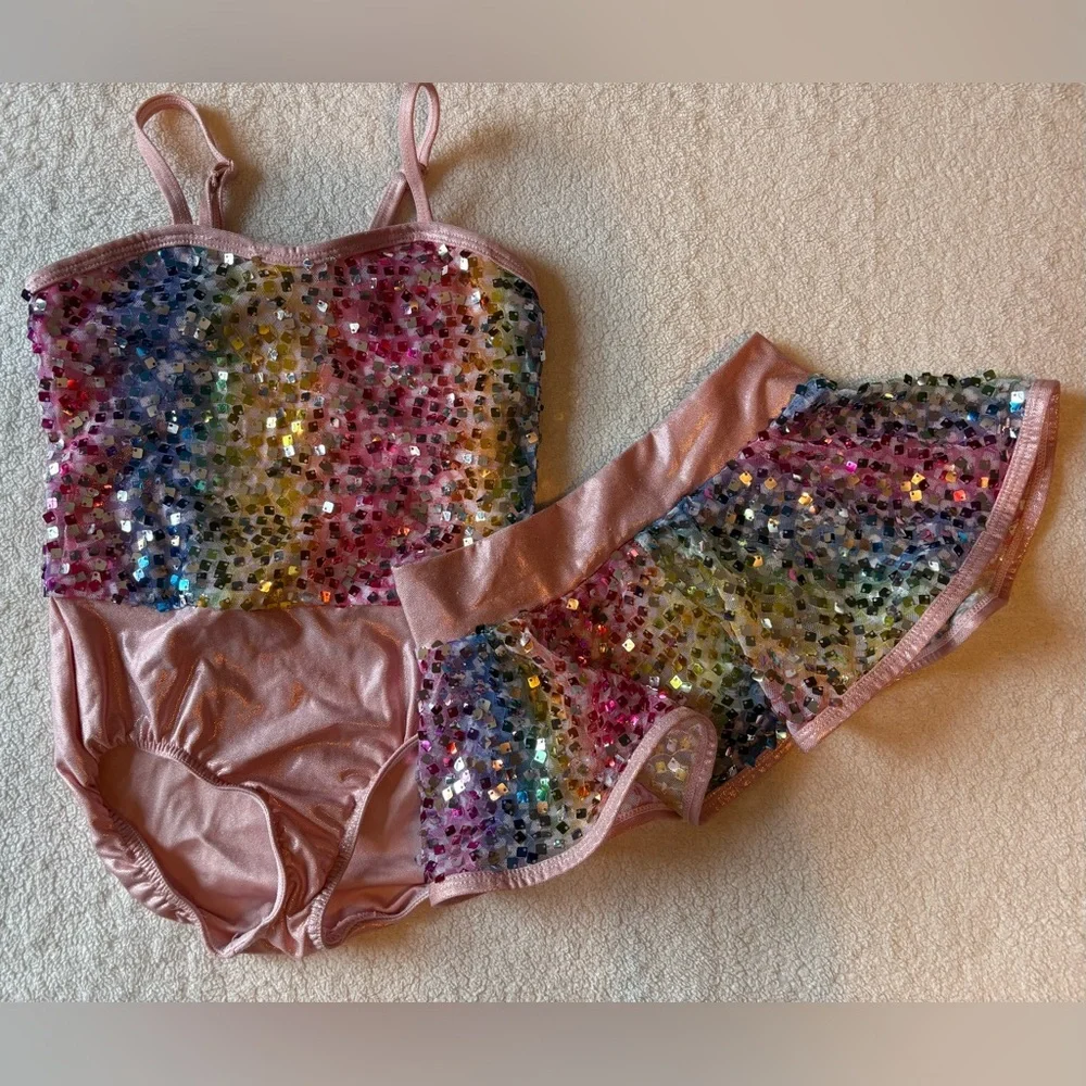 Curtain Call Sequin Sparkling Multicolor Dance Set, Leotard + Skirt. Sz CSM
